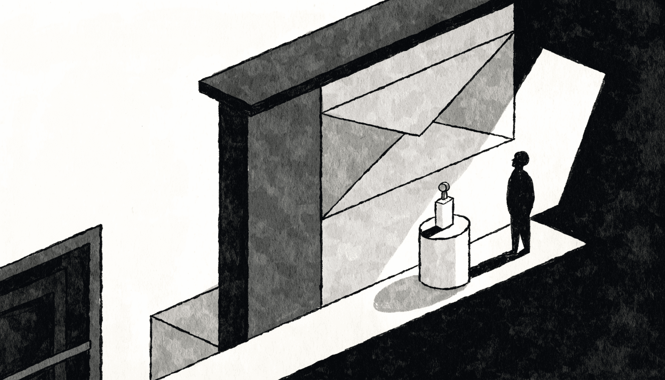 Editorial illustration of an intimate basement beauty boutique: a single spotlit perfume bottle on a pedestal, a folded paper envelope motif worked into the wall panelling, one customer in silhouette looking on.