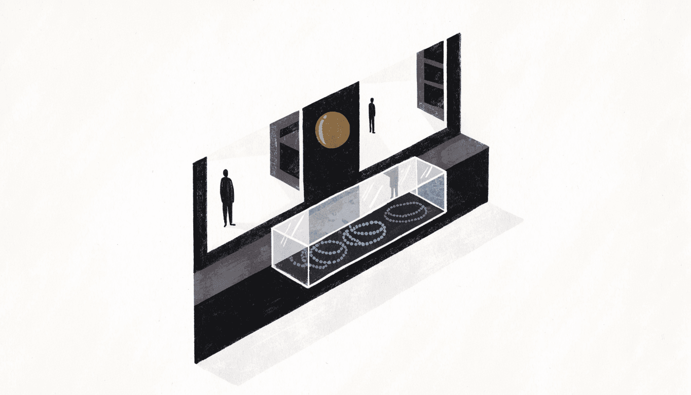 Illustration of an ocean-toned beaded bracelet display in a boutique jewellery case