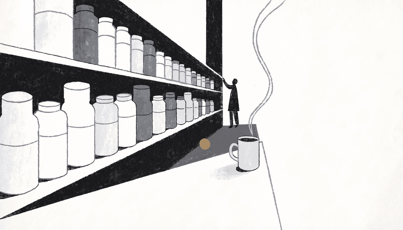 Illustration of a drugstore shelf of powder canisters beside a steaming mug, a silhouetted shopper reaching toward the display.