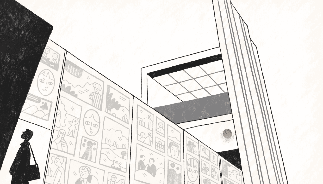 Illustration of a department-store construction hoarding lined with vintage comic-strip panels as a silhouetted shopper looks on