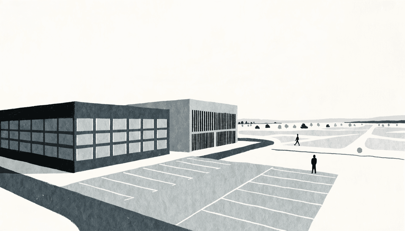 Editorial illustration of a low-rise suburban shopping centre with a supermarket and home-improvement store side by side, an open field beyond, one silhouette figure with a shopping trolley.