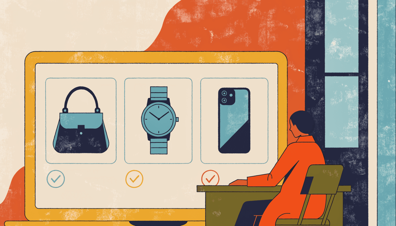 Flat-vector illustration of a small curated online storefront: a laptop screen showing a neat grid of authenticated handbags, watches and electronics, each tagged with a small verification checkmark.