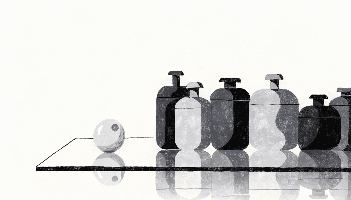 Illustration of a single pearl beside a row of abstract skincare bottles on a reflective counter.