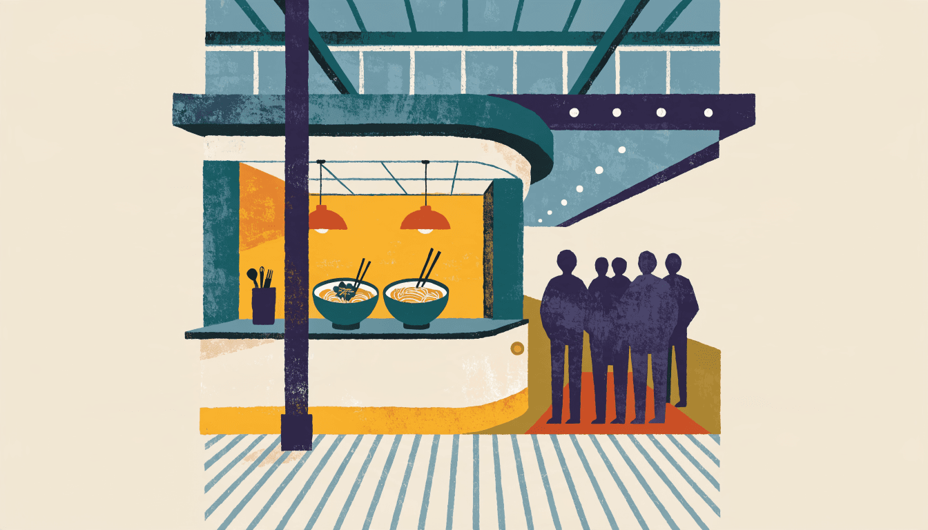 Editorial illustration of a ramen counter inside a shopping-mall food floor, with a queue of customers waiting nearby.