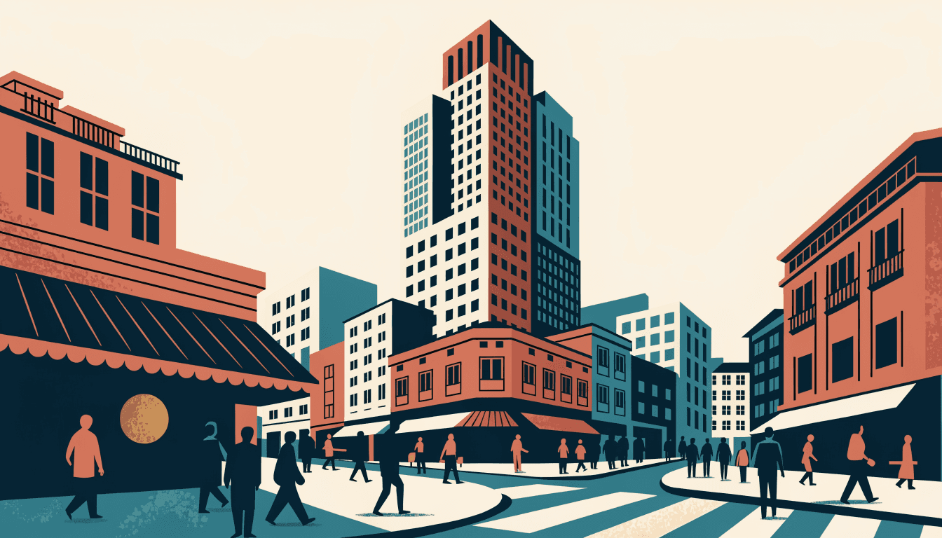 Illustration of a tall mixed-use tower rising above a busy Southeast Asian shopping street at dusk, with silhouetted pedestrians below.