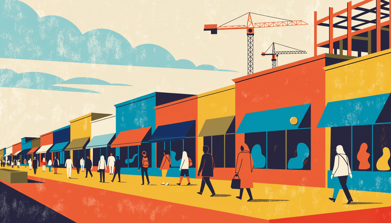Illustration of a sprawling open-air outlet mall promenade lined with boutique storefronts under a wide sky, with construction cranes rising at one edge where a new wing is being built.