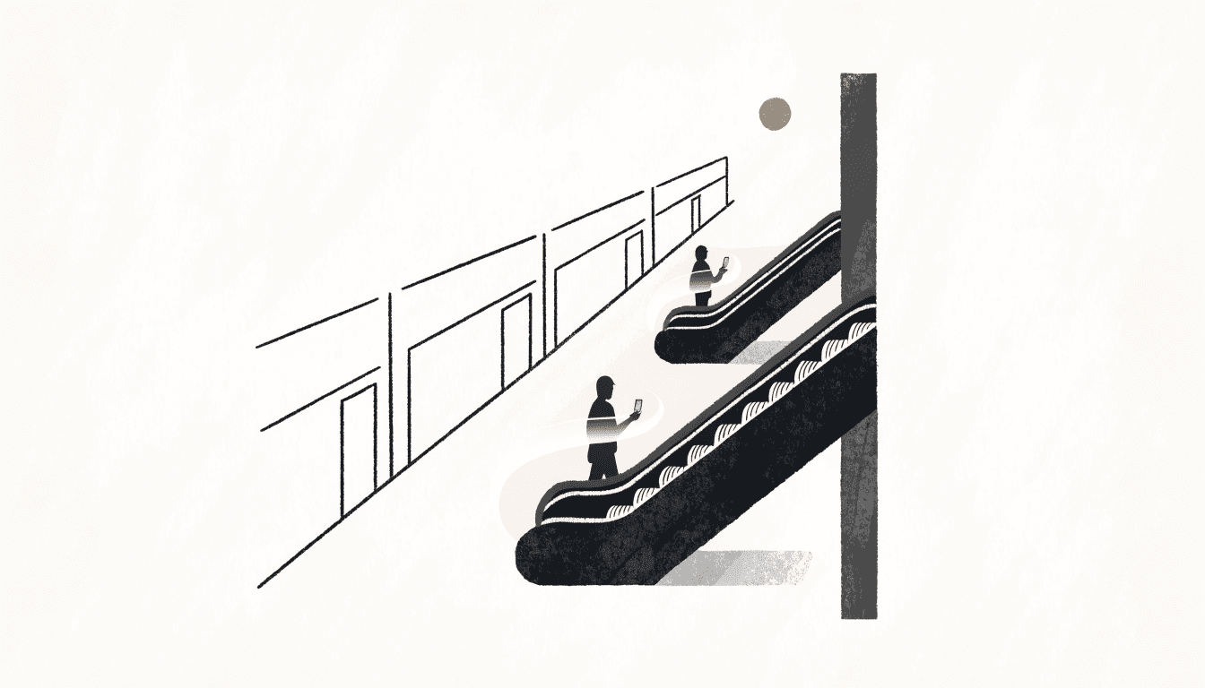 Illustration of an underground station passageway where interconnected retail towers meet: silhouetted figures — one using a white cane, one in a wheelchair — are guided by a soft glowing arrow projected from a smartphone, with escalators and shopfronts suggested only in outline, no signage or brand marks visible.