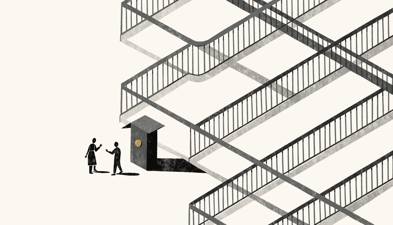 Calm editorial illustration of a shopping mall atrium seen from a high diagonal vantage, a small information kiosk below, two silhouette figures — one in a staff apron — exchanging a small gesture of thanks.