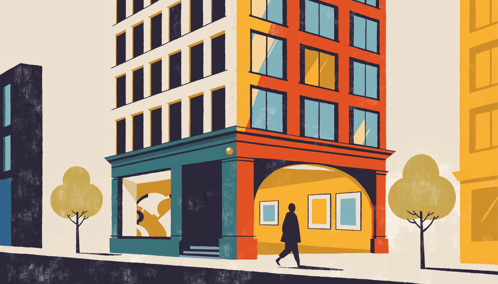 Illustration of a small corner building on a quiet street, tall gallery windows above a glass boutique vitrine, a willow tree at the kerb