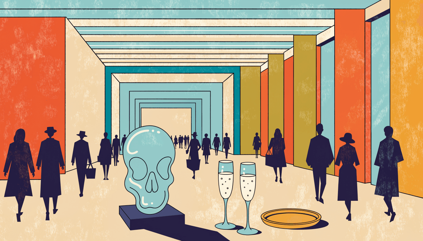Illustration of a department-store gift hall with a pale glass skull sculpture on a plinth beside two champagne flutes, silhouette shoppers walking through.