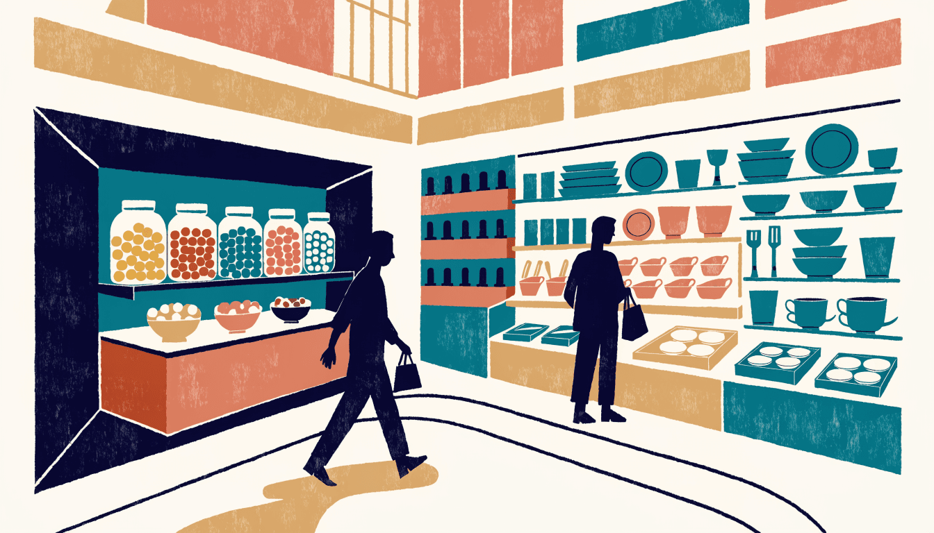 Illustration of a department-store basement floor with a candy counter and a homewares display, silhouetted shoppers browsing the shelves.