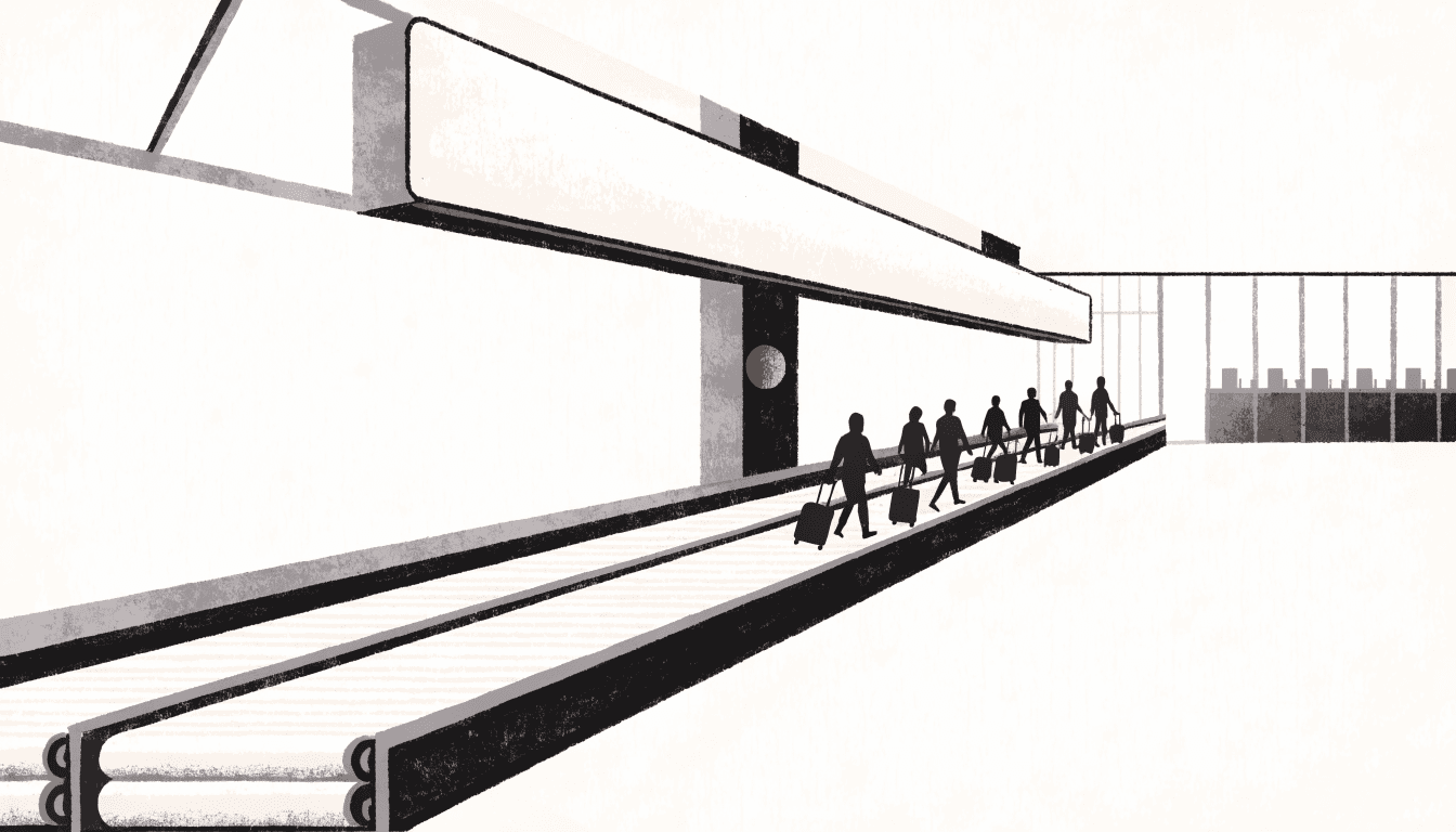 Editorial illustration of a busy airport arrivals corridor — silhouette travellers with rolling luggage on a moving walkway beneath a glowing flight-information board.