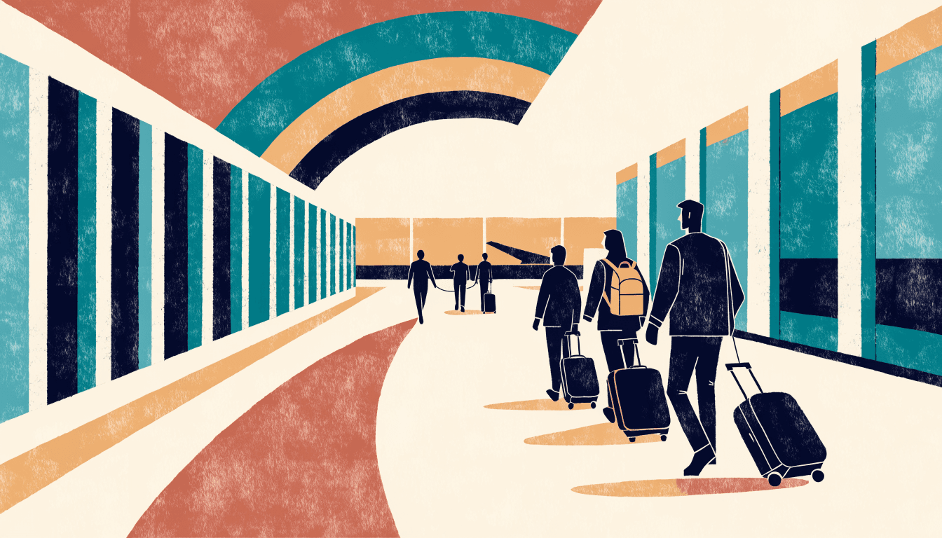 Bold, warm editorial illustration of a small guided group with rolling suitcases following a guide through an airport terminal corridor toward a departures area, warm terminal glow, silhouette figures suggesting onward travel.