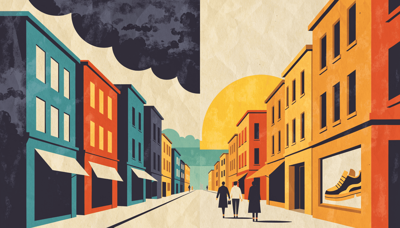 Editorial illustration of a city skyline split in two: stormy and quiet on one side, calm and sunlit with strolling shoppers on the other.