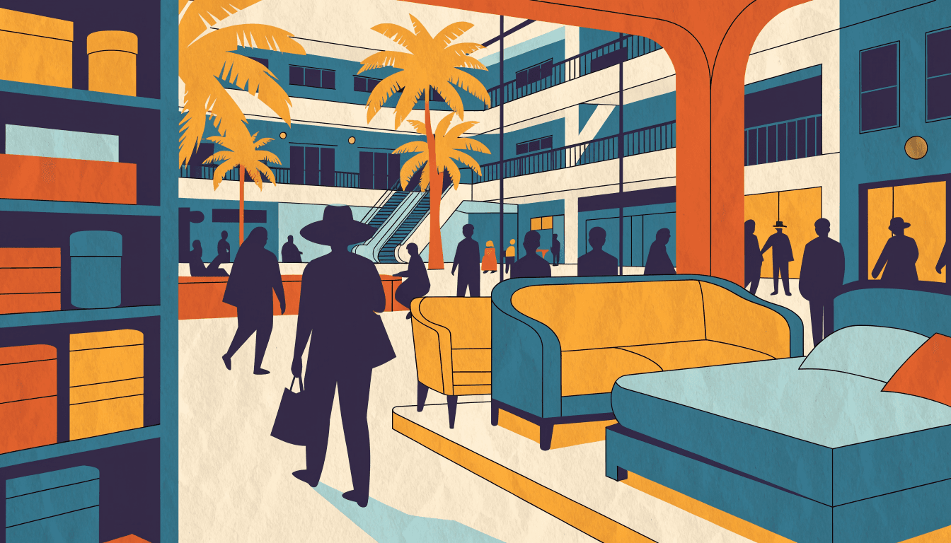 Illustration of a mall-anchored home-goods store in Kuala Lumpur, with simplified shoppers in silhouette browsing furniture and homeware under warm tropical light.