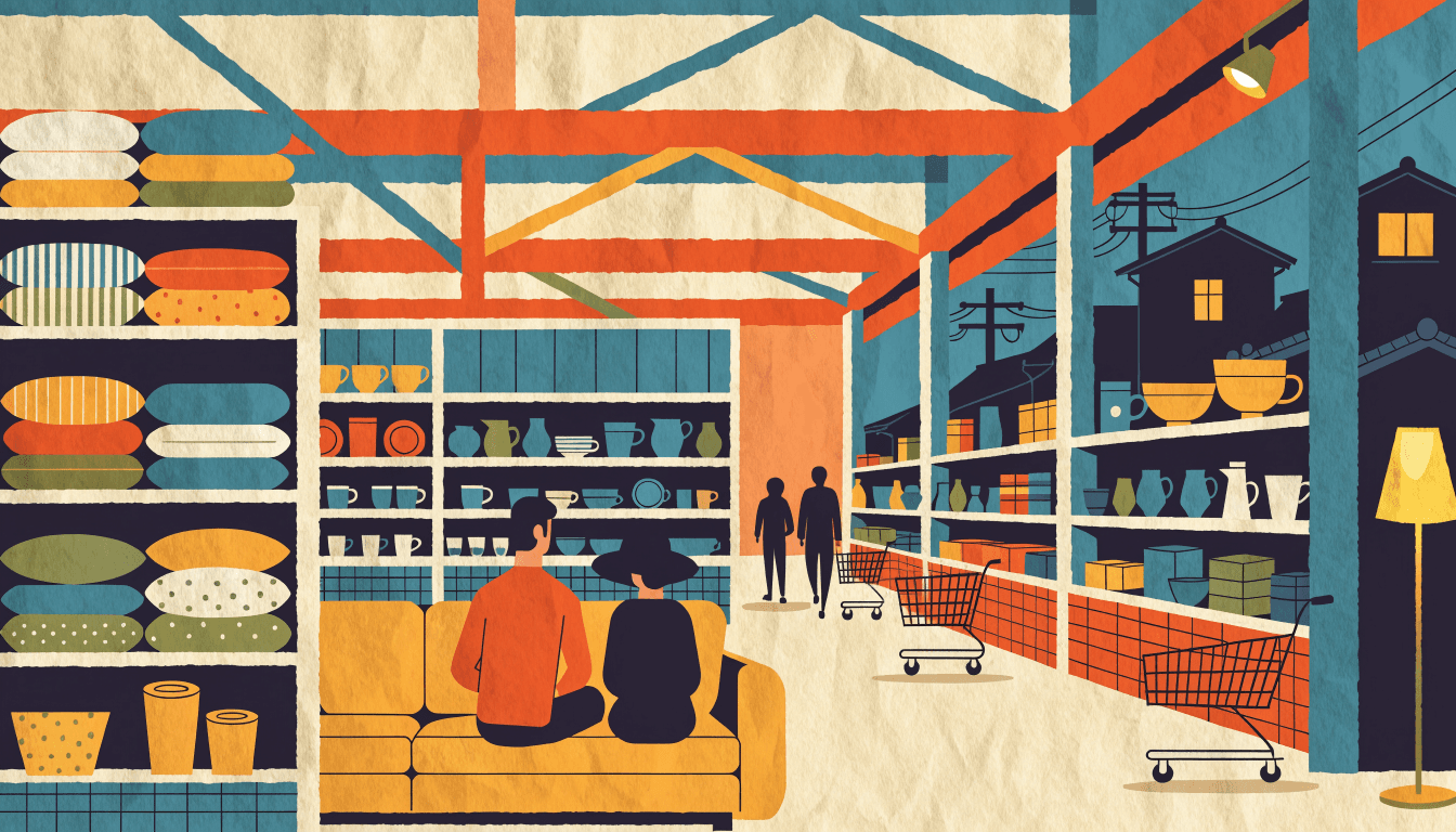 A bold, warm flat-vector illustration of a large home-furnishing store at dusk: a couple seen from behind trying a sofa, shelves of cushions and tableware, shoppers with carts down a wide aisle.