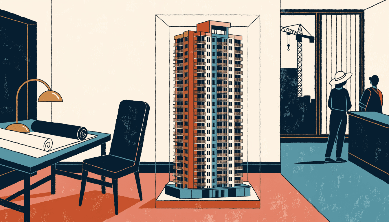 Flat-vector illustration of a condominium sales gallery, a scale model of a residential tower under glass at the centre of the room, a drafting table with rolled blueprints to one side, and a construction crane silhouette through a tall window.