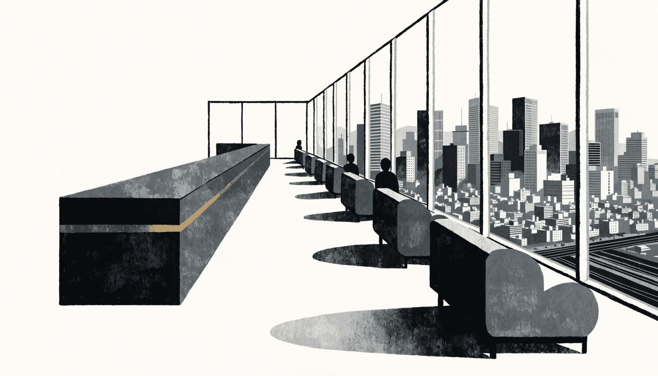 Calm flat-vector editorial illustration of a high-floor hotel lobby in a new Tokyo tower, floor-to-ceiling windows over the city skyline, a long reception counter and silhouette figures for scale.