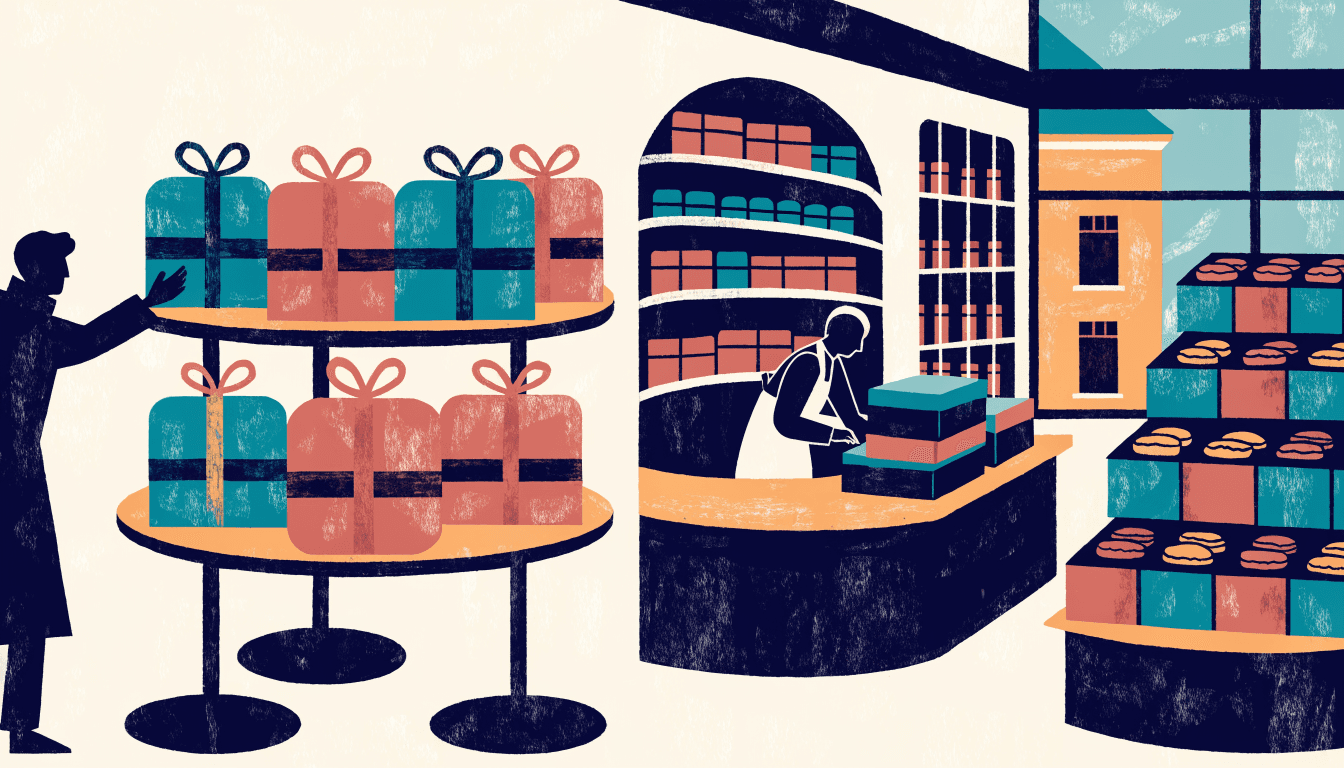 Flat-vector illustration of a department-store basement confectionery event corner, a silhouette shopper reaching for a gift tin as an apron-clad assistant arranges boxes behind the counter.