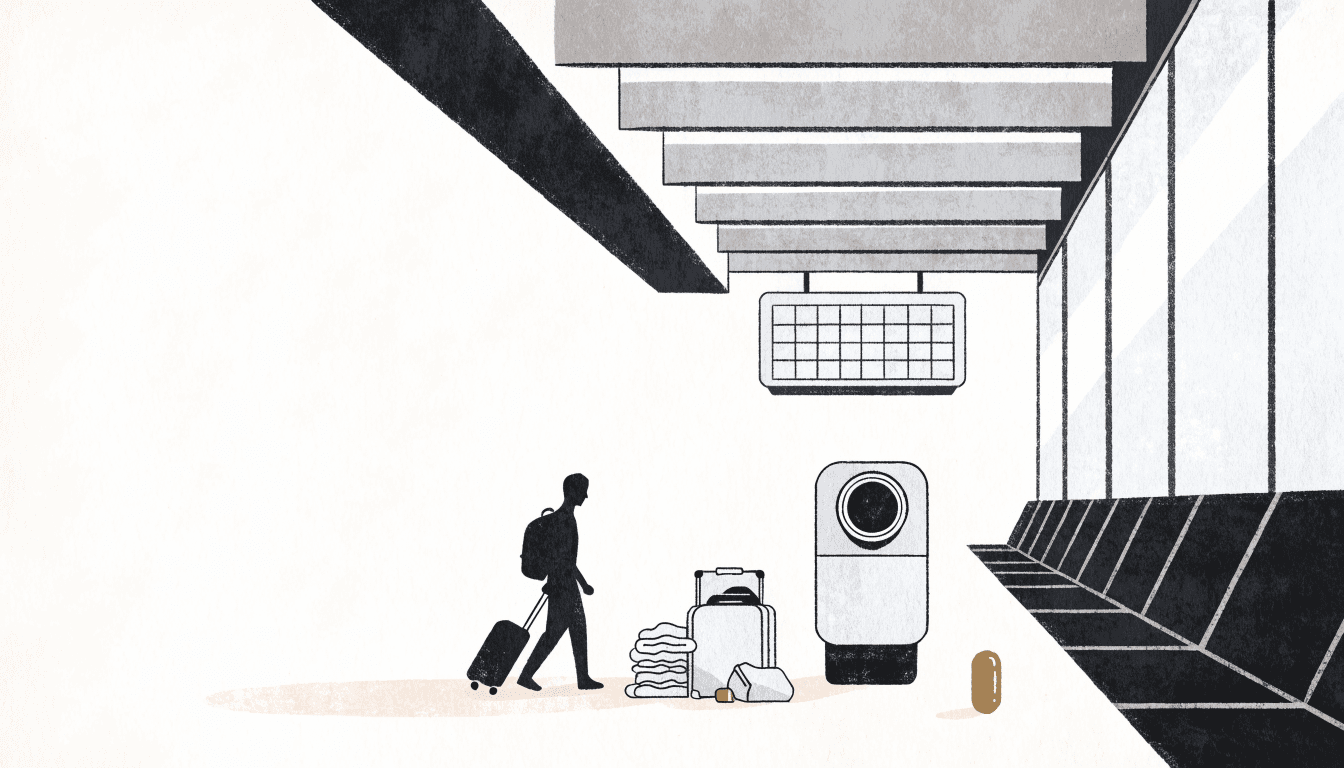 Editorial illustration of a small compression-machine kiosk in an airport concourse, with a silhouette traveller feeding in folded clothing beside an open suitcase.