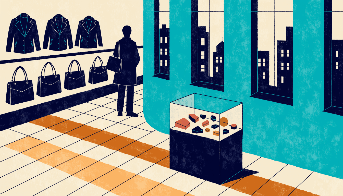 Flat-vector editorial illustration of a department-store menswear floor, leather jackets on a clothing rail, a small case of jewellery-style hardware, and one silhouette shopper browsing.