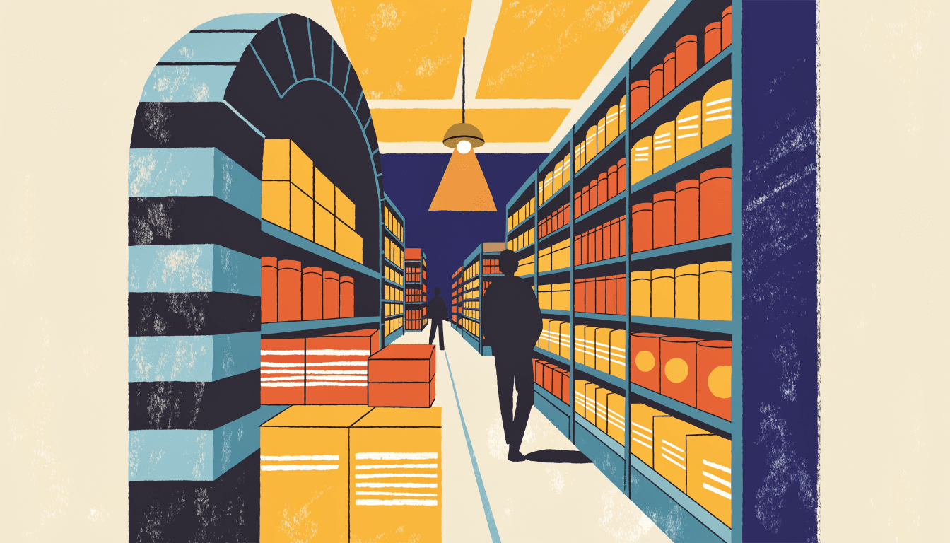 Illustration of a brightly lit discount-store aisle at night, tall shelves stacked with colourful goods, a couple of silhouetted shoppers browsing between them.