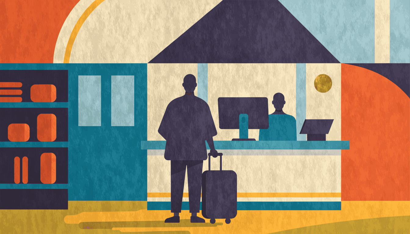 Illustration of a discount-store checkout counter where a traveller with a suitcase is paying for goods, warm lighting and a hint of an airport backdrop.