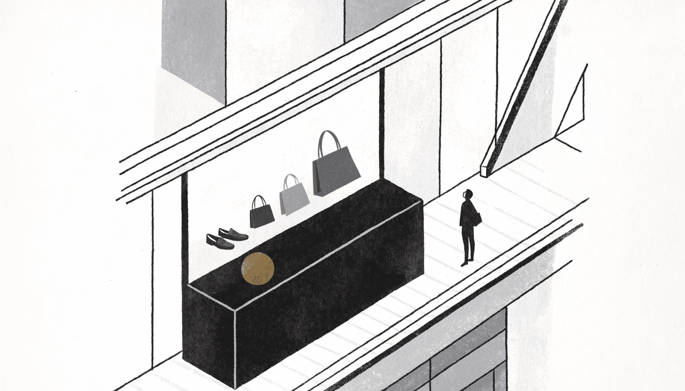 Illustration of a minimal black pop-up counter on a department store's ground floor: a few sleek handbags and loafers arranged with careful negative space on a dark plinth beneath a bright window display, one shopper's silhouette pausing to look through the glass from the concourse.