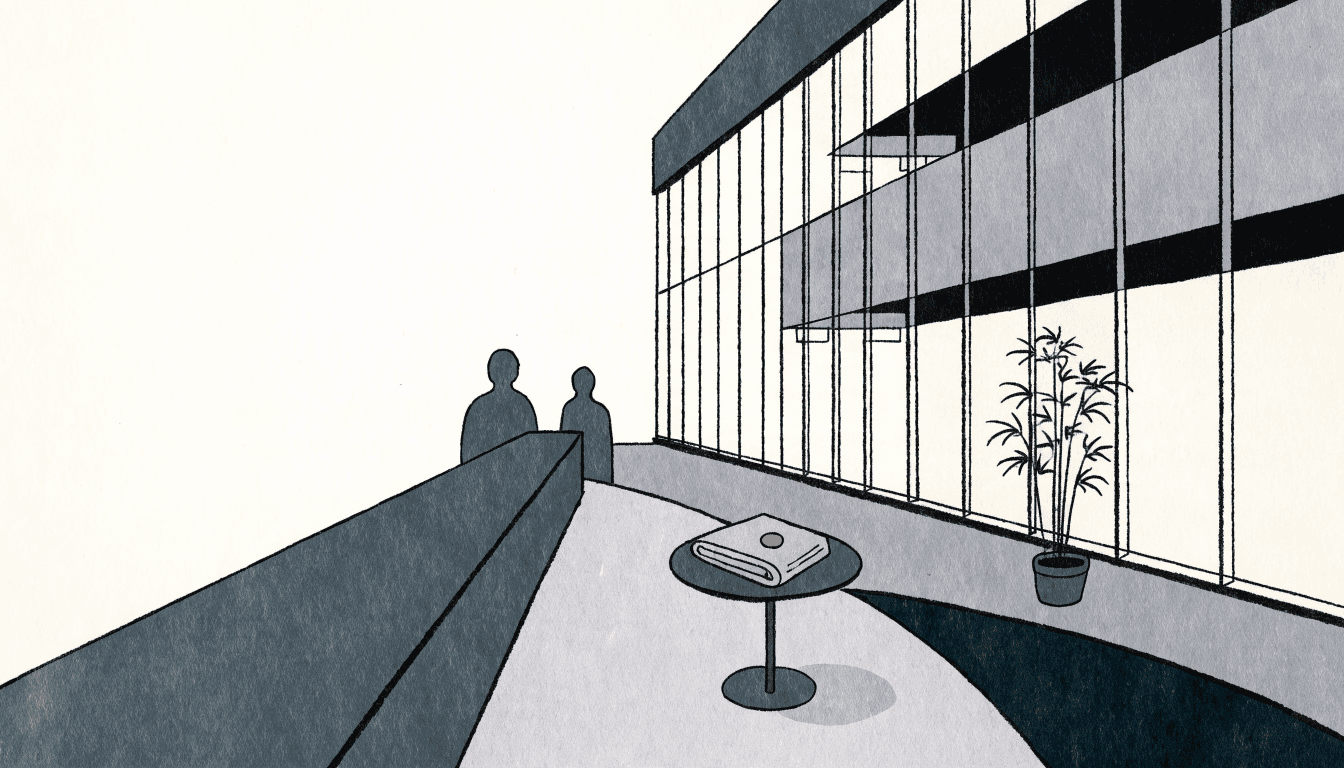 Editorial illustration of a calm, upscale hotel lobby atrium with a tall window and a small potted bamboo plant, a folded amenity tray on a side table, one silhouette figure at a reception desk.