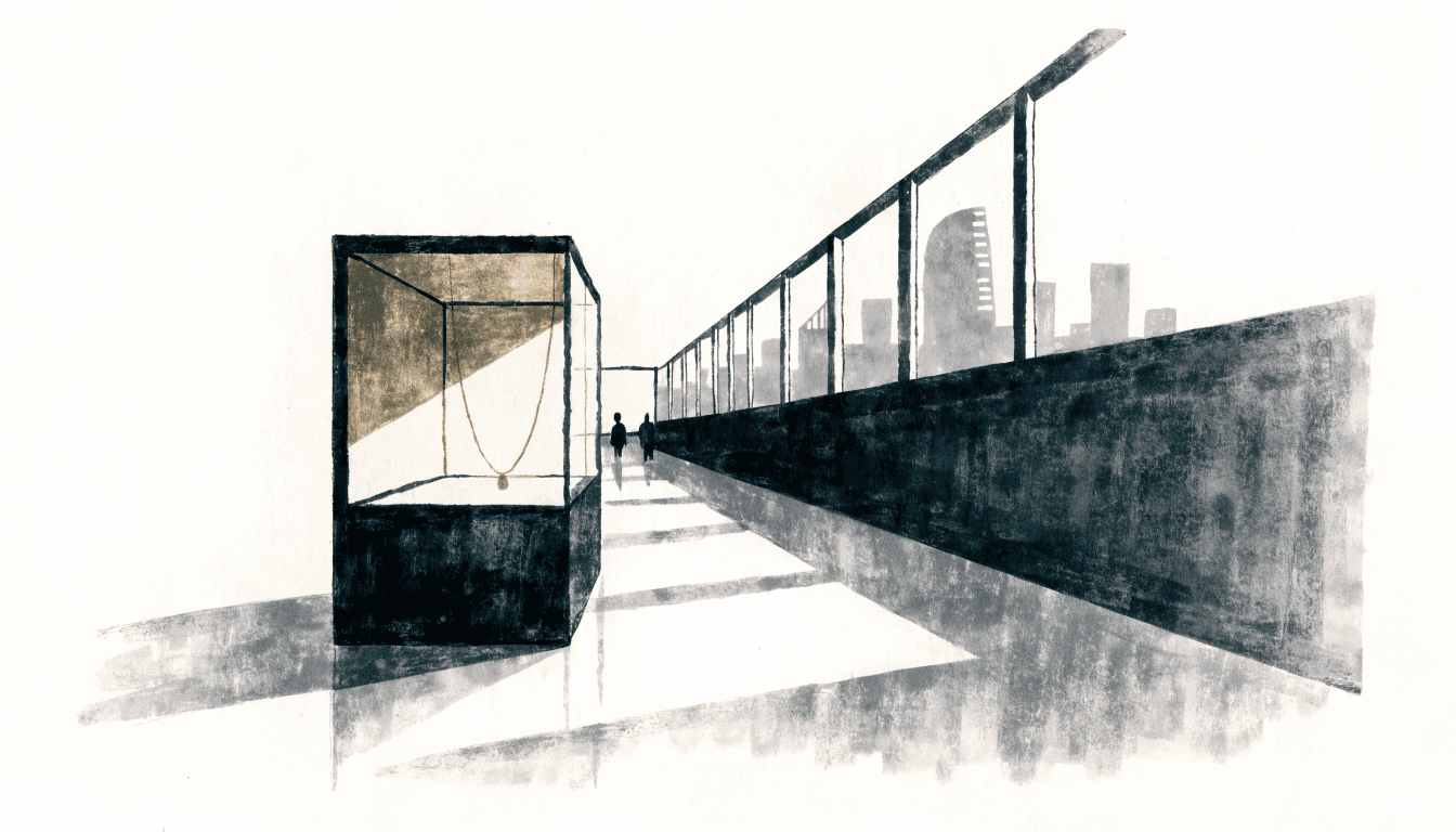 Flat-vector editorial illustration of an elegant jewellery display case glowing softly, with a minimal skyline silhouette suggestive of Tokyo in the background — calm, muted palette, no text, logos or faces.