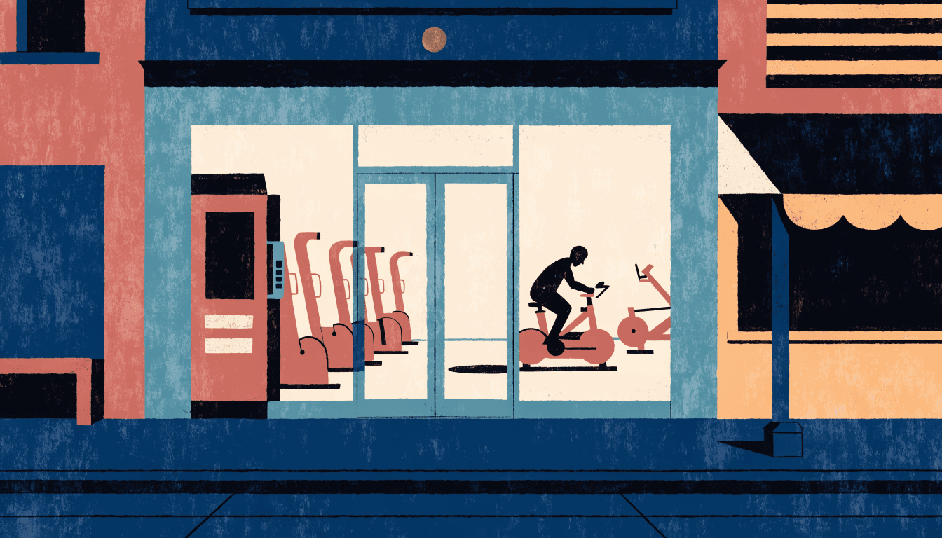 Flat-vector illustration of a small unstaffed 24-hour gym storefront at night seen through a glass frontage, rows of exercise machines lit from within and a silhouette figure on a stationary bike.