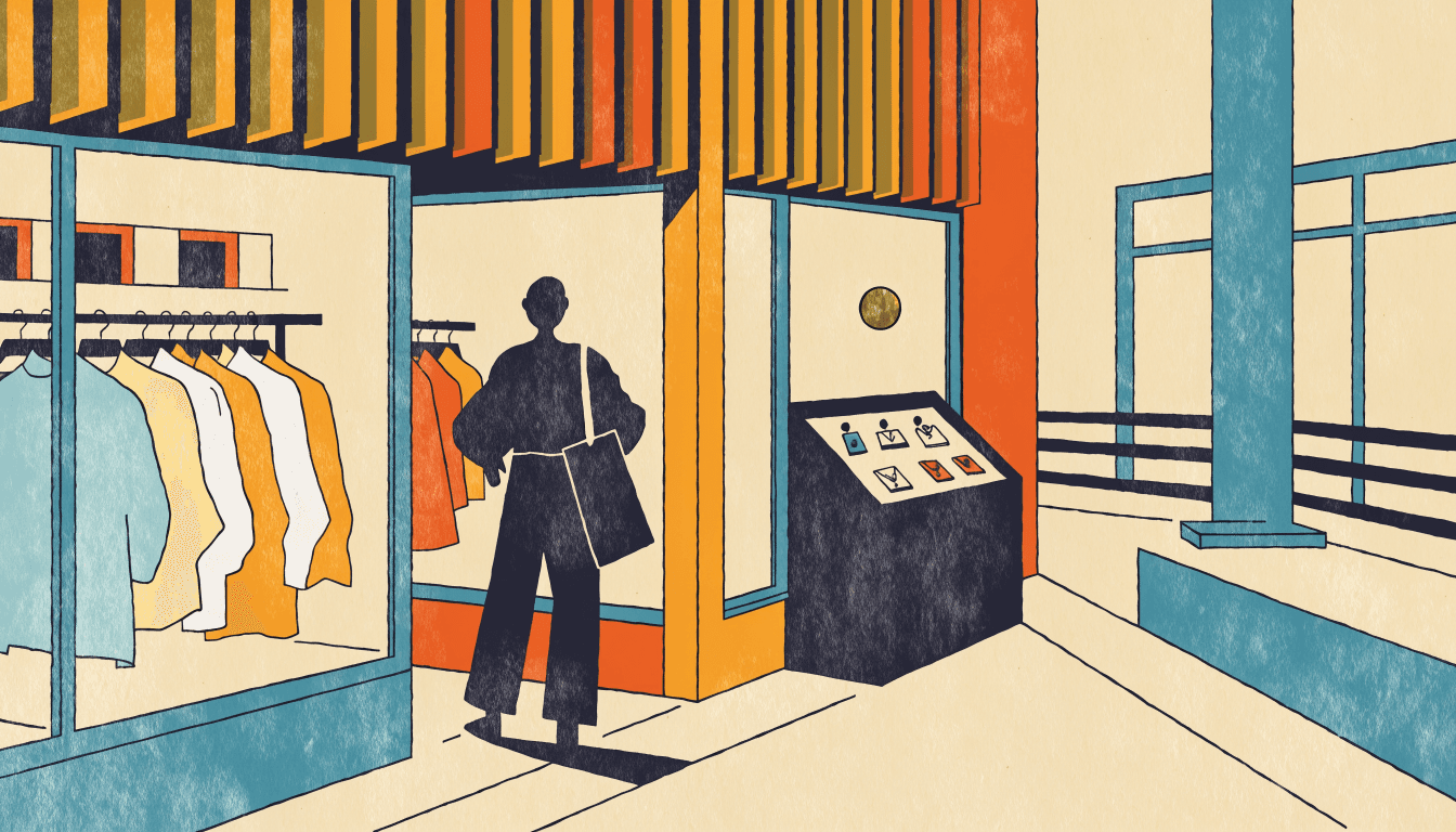 Editorial illustration of a California-style boutique with a wood-louvre storefront set inside a train-station shopping mall, light wood fixtures and relaxed apparel racks under natural light, a silhouette shopper near a small jewellery case.