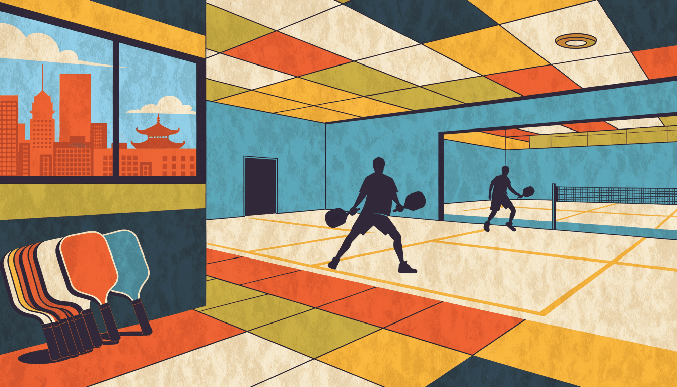 Illustration of an indoor pickleball court: two silhouette figures mid-rally, a stack of paddles in the foreground, and a second court visible beyond a partition, in a warm editorial palette.