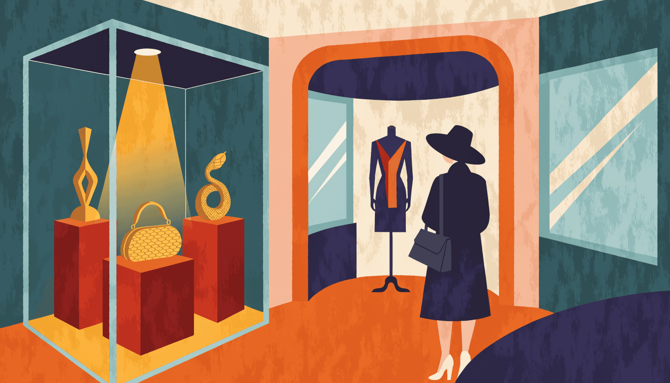 Illustration of a hushed couture salon on a department store's luxury floor: sculptural gold-toned jewellery and a snake-shaped clutch displayed on velvet-topped pedestals beneath a spotlit glass case, a fitting alcove glimpsed through a curved doorway behind, one shopper's silhouette admiring the display from the side.