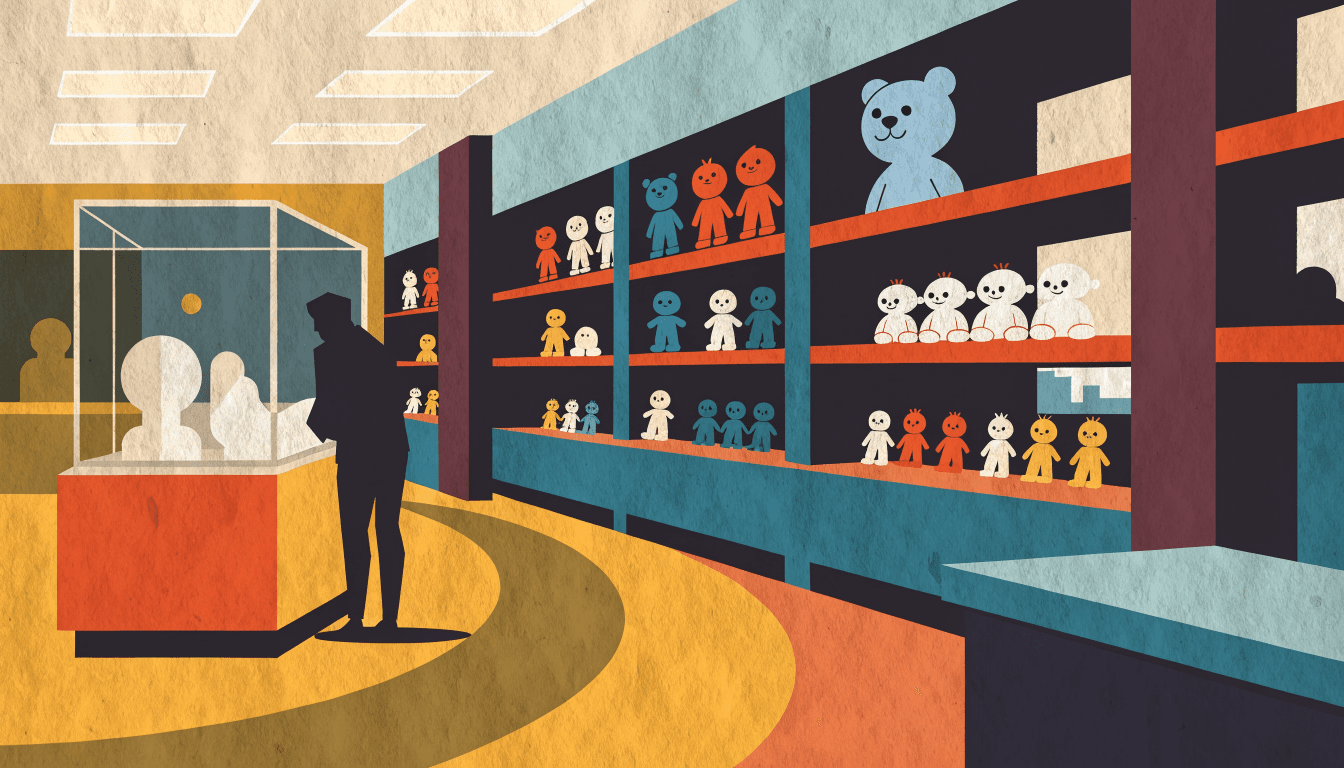 Editorial illustration of a bright character-merchandise shop on an upper floor of a fashion building, shelves of collectible figures and plush mascots under even gallery lighting, a silhouette shopper examining a glass display case.