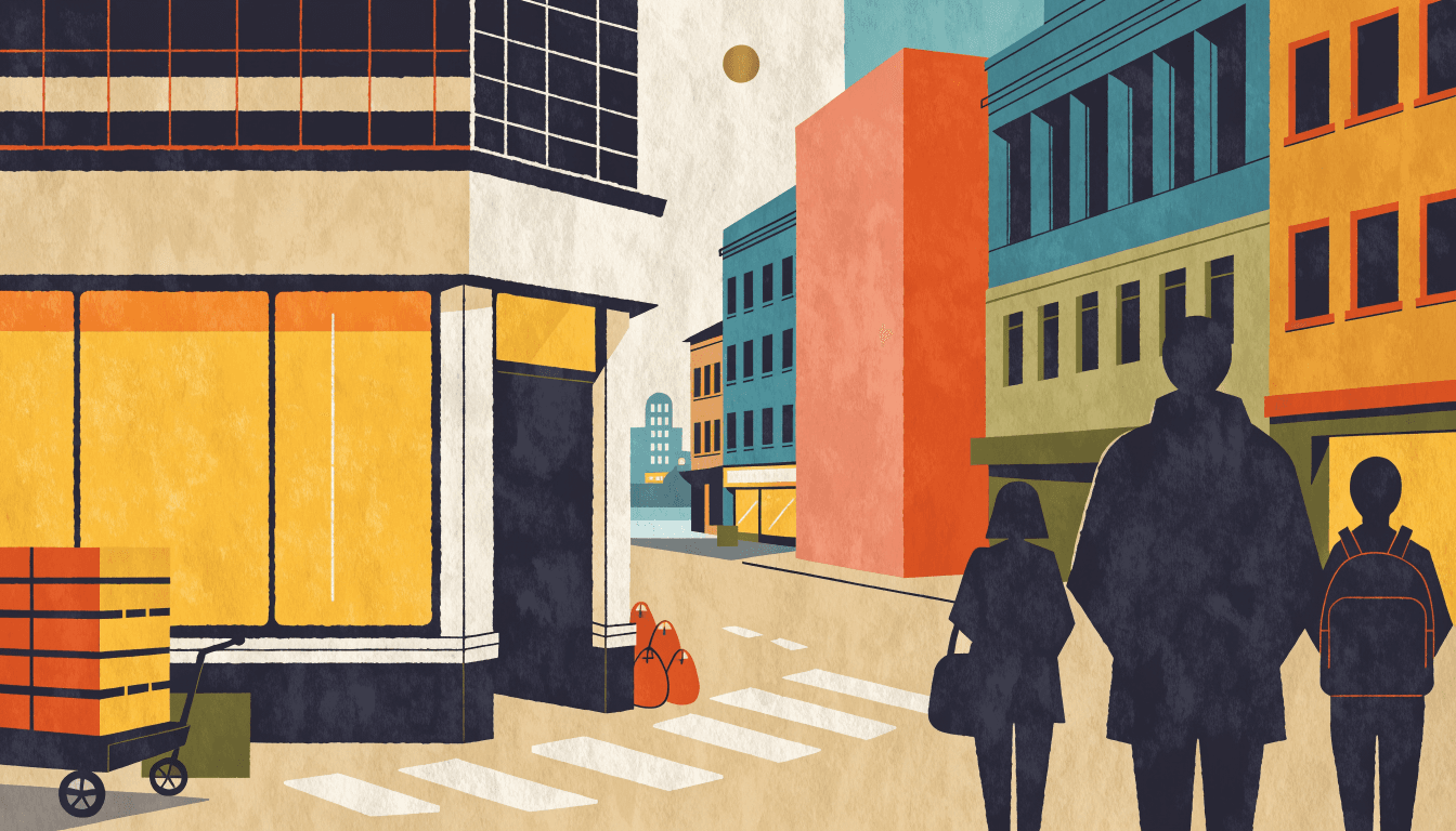 Flat-vector illustration of a Japanese street corner at dusk, with a lit convenience-store front, a delivery cart of crates and anonymous silhouette commuters seen from behind.
