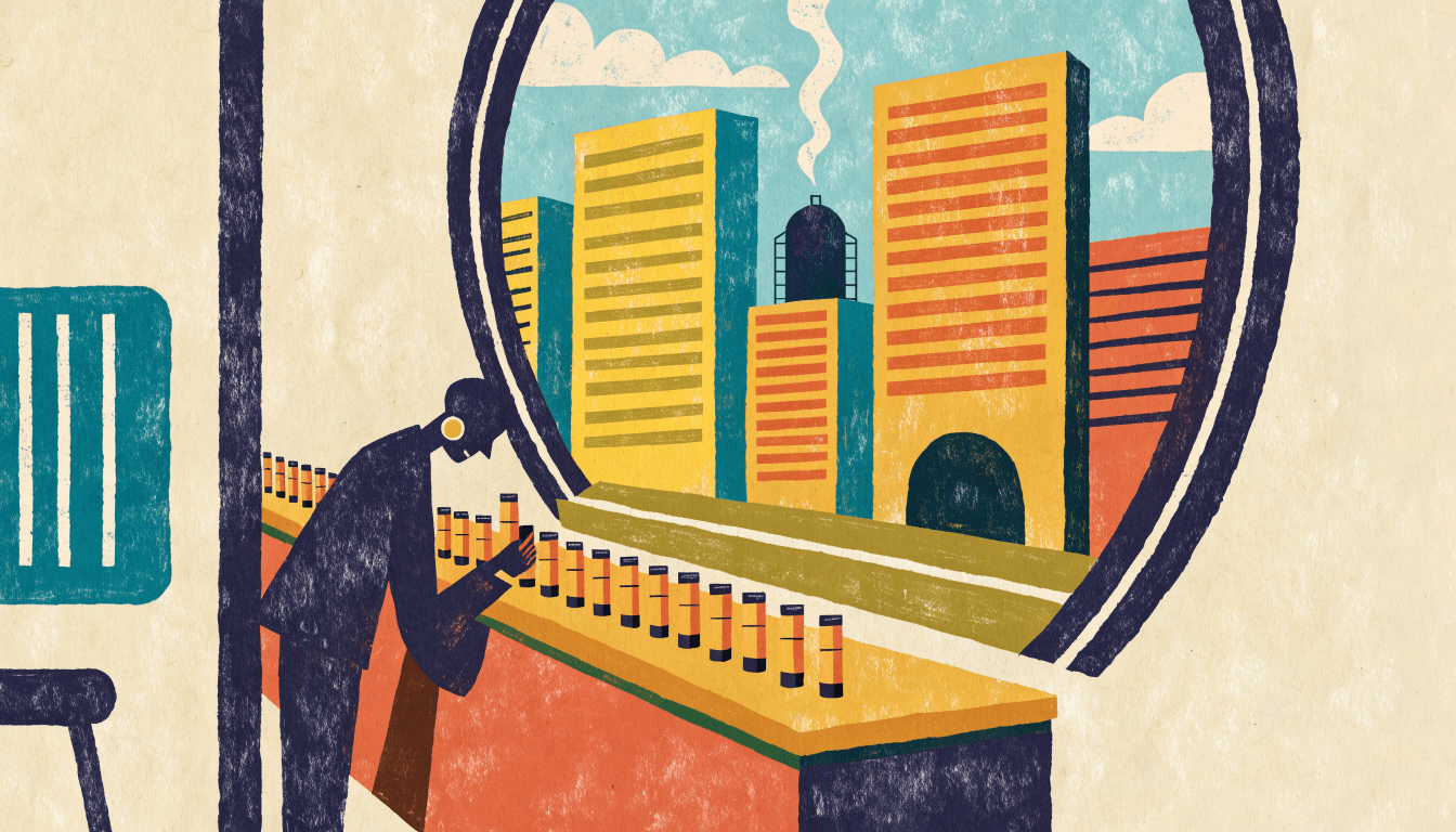 Flat-vector editorial illustration of a small lip balm display on a department-store beauty counter, with a distant skyline silhouette of an industrial hydrogen tank releasing a faint wisp of vapour, one small brass-gold accent.