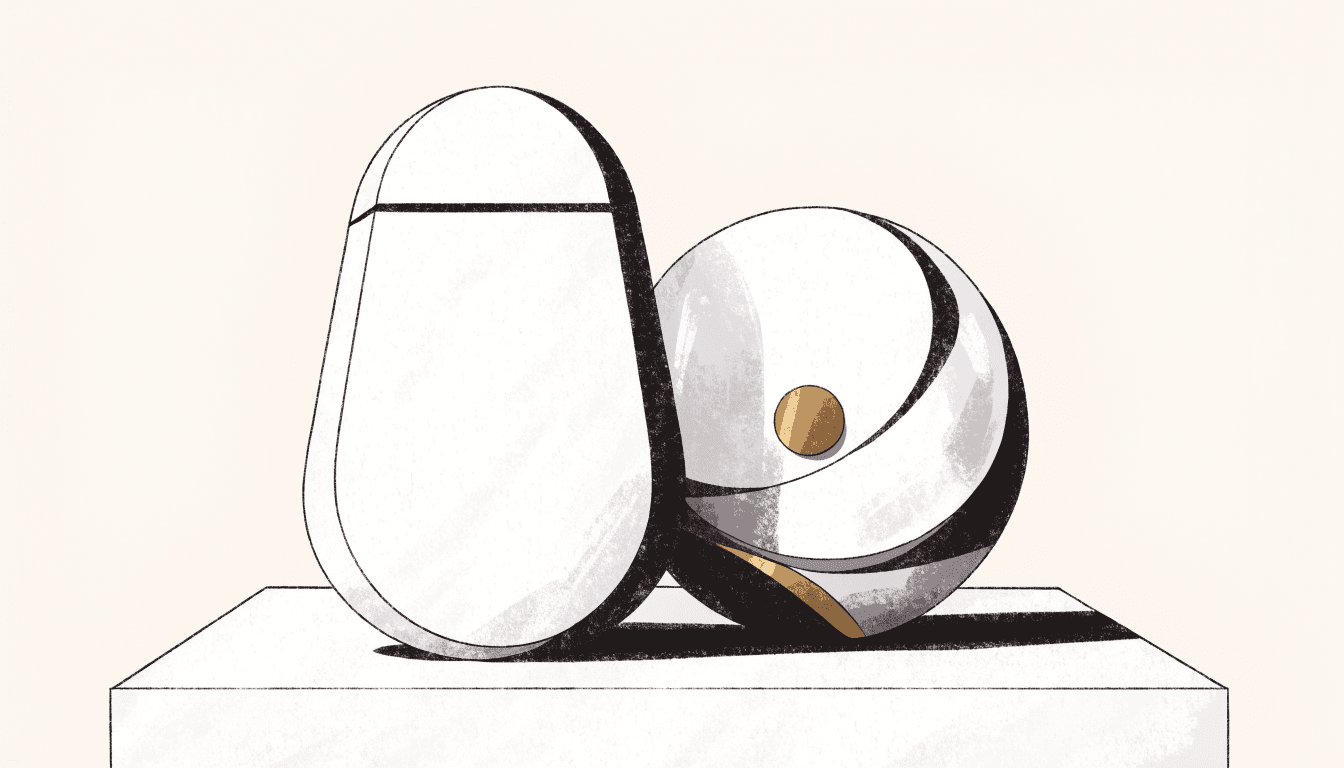Flat editorial illustration of two sculptural white cosmetic-packaging forms, one pebble-shaped and one a sphere, on a plinth.