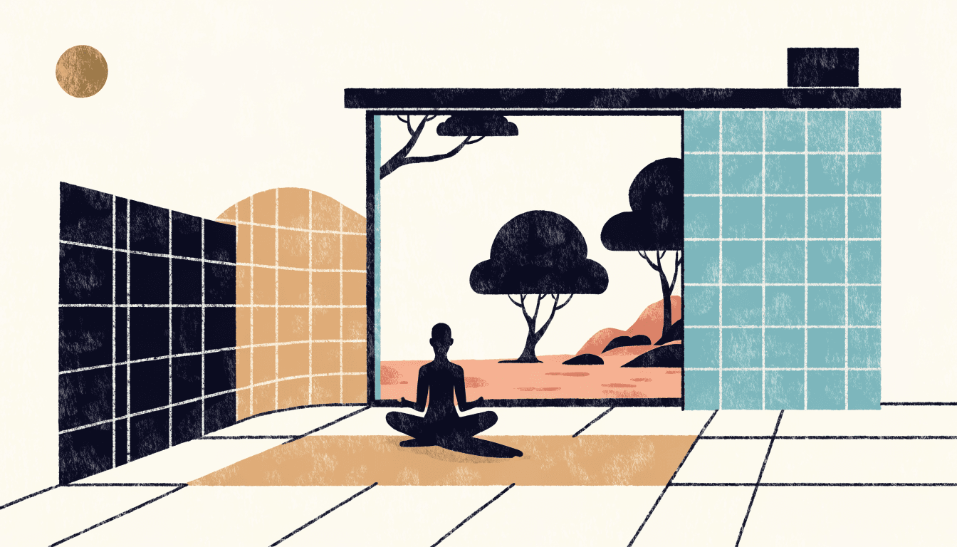 Editorial illustration of a calm Kyoto-style wellness room with tatami mats and shoji screens, a silhouette figure in a seated meditation pose beside a garden view.