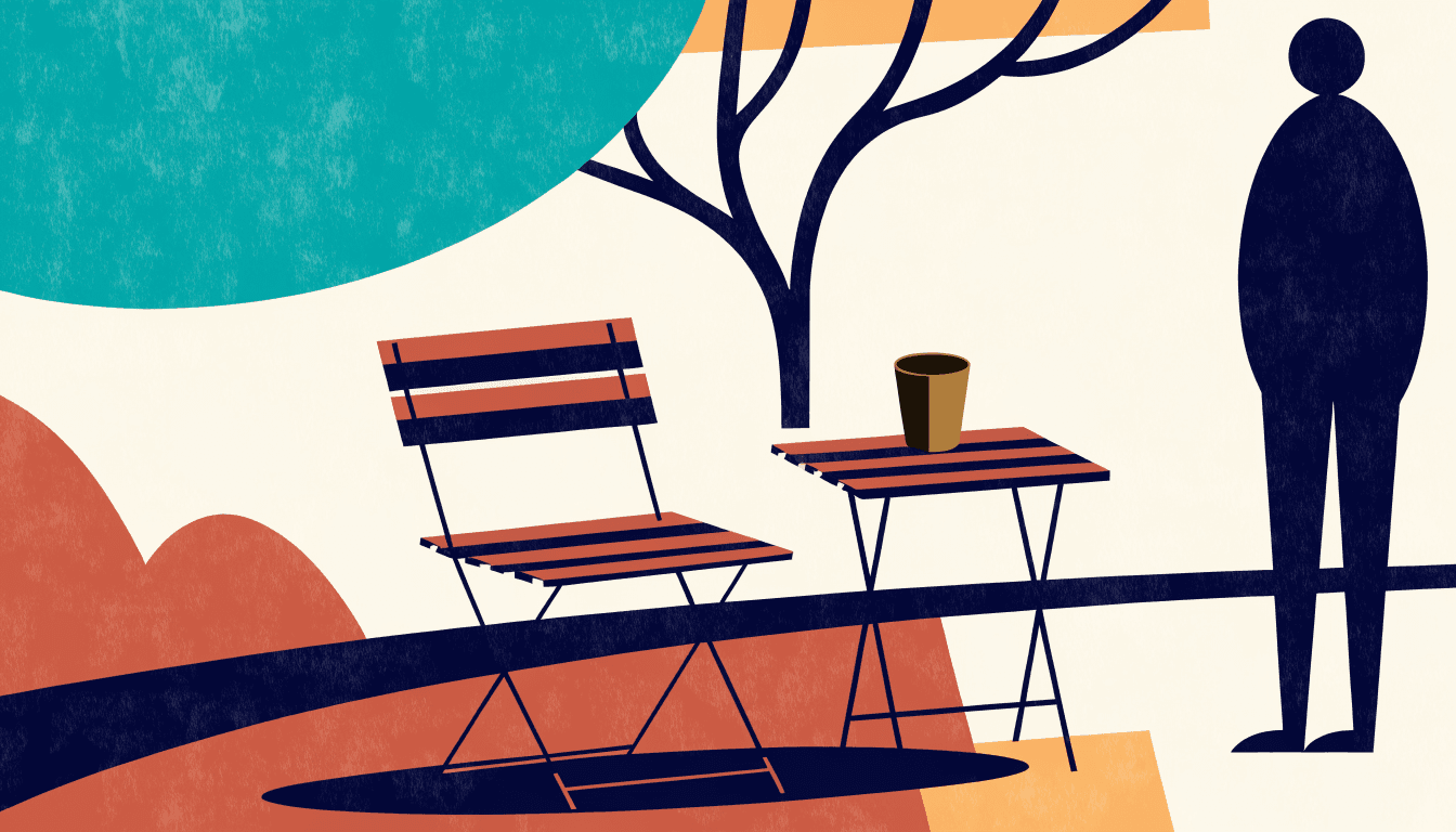 Editorial illustration of a folding outdoor chair and table set up outdoors on grass in soft afternoon light.