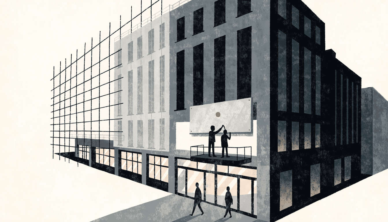 The exterior of a department store at dusk under partial renovation, a new nameplate panel being lifted into place above the entrance by two silhouette workers on a lift platform