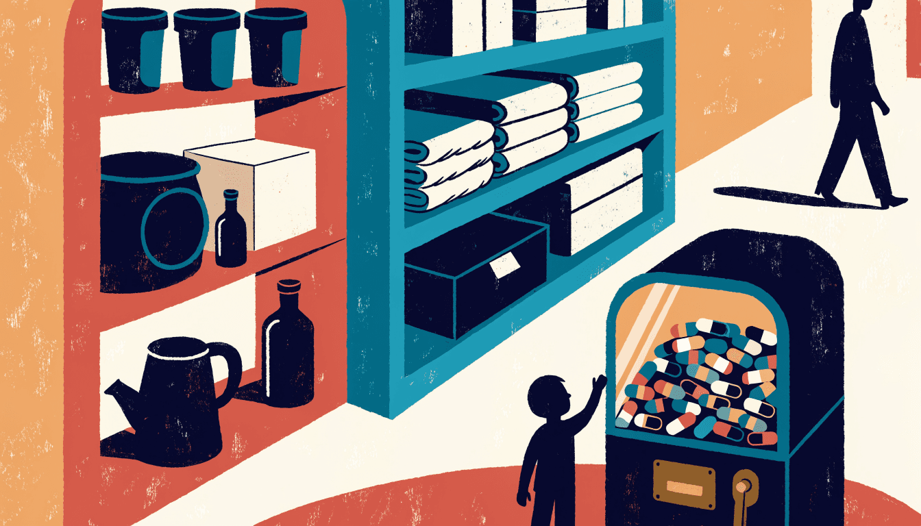 Flat-vector illustration of a bright variety-store aisle corner with a glowing capsule-toy vending machine beside shelves of household goods, a child silhouette reaching for the crank.