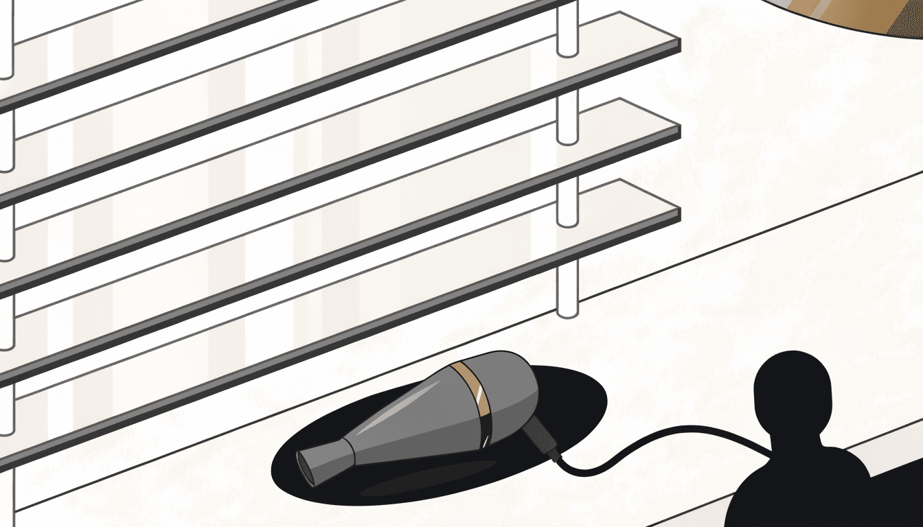 Editorial illustration of a sleek hair dryer on a vanity tray at a department-store beauty counter, with glass shelves receding behind it.