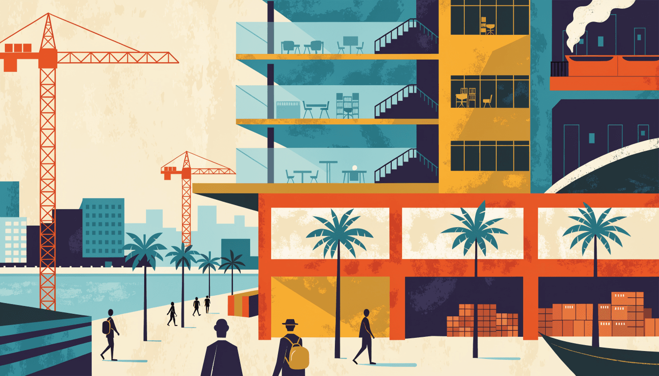 Flat-vector editorial illustration of a shopping-and-office complex rising beside a lake in a Vietnamese city at dusk, construction cranes, a rooftop bathhouse terrace with rising steam, market crates below, and silhouette figures on a palm-lined plaza, with one small brass-gold accent.