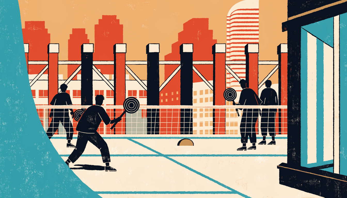 Bold, warm editorial illustration of a department-store rooftop transformed into a pop-up sports court, silhouette figures mid-rally with paddles over a net on painted court lines, a glimpse of Osaka rooftops beyond the railing.