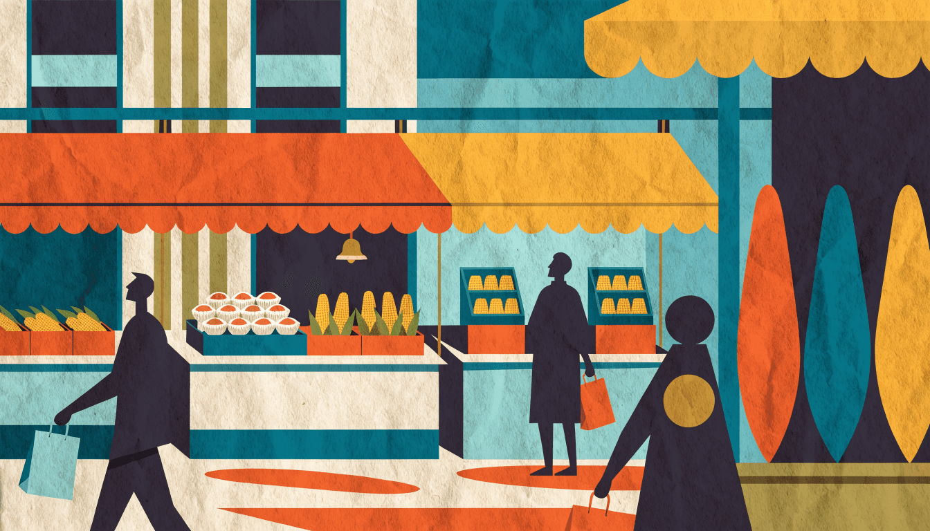 A department-store food fair under orange and yellow awnings, crates of corn and scallops on the counters and silhouetted shoppers carrying paper bags.