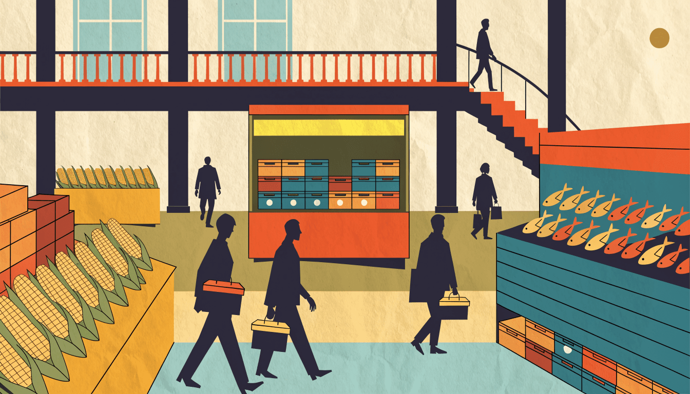 Illustration of a department-store event hall set up as a regional food fair, market stalls stacked with corn and seafood crates, silhouette shoppers carrying bento boxes.