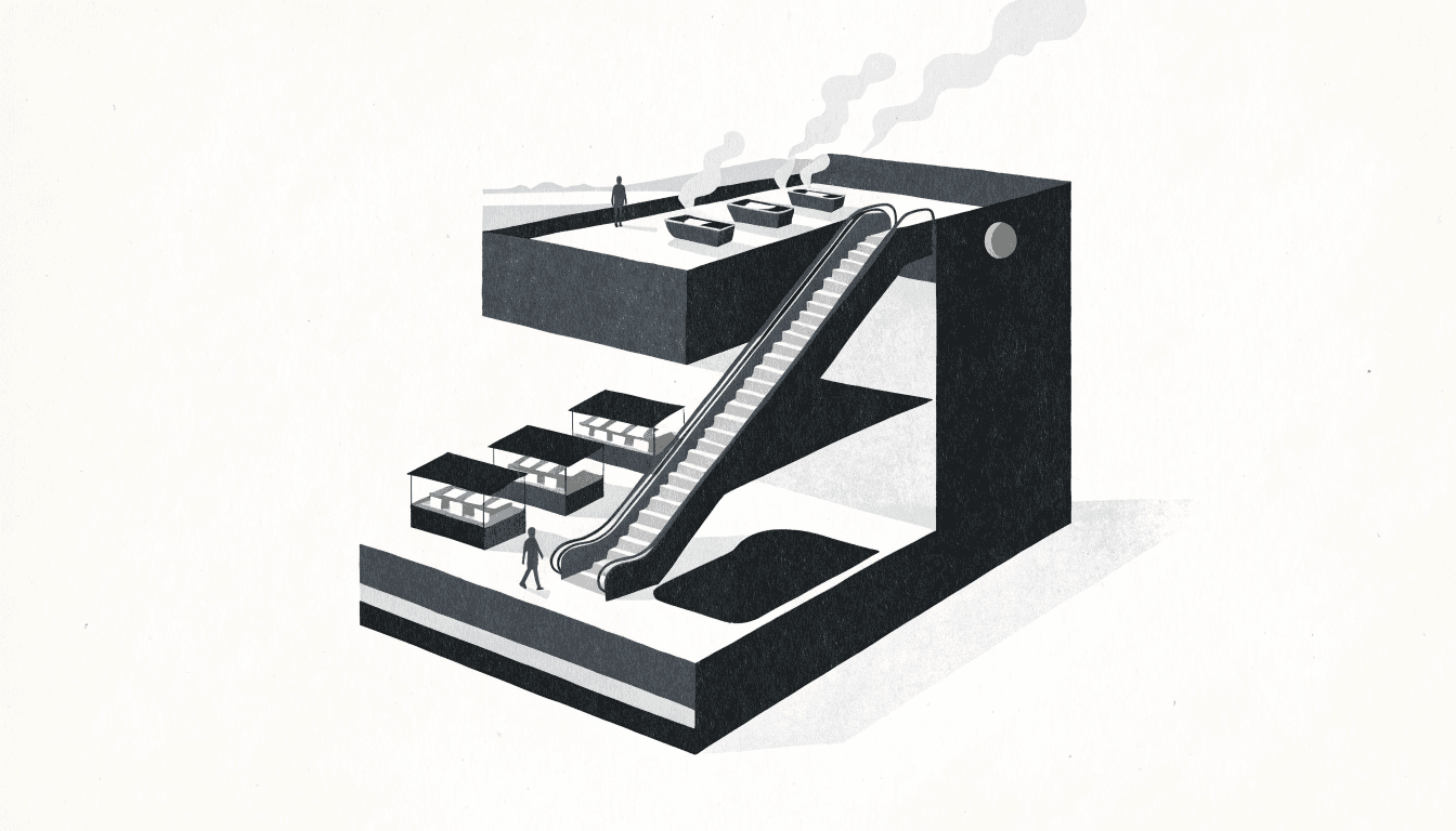 Calm near-monochrome illustration of a department store building in cross-section, a basement food hall below and a rooftop open-air bathhouse with rising steam above, linked by a long diagonal escalator, with one small brass-gold accent.
