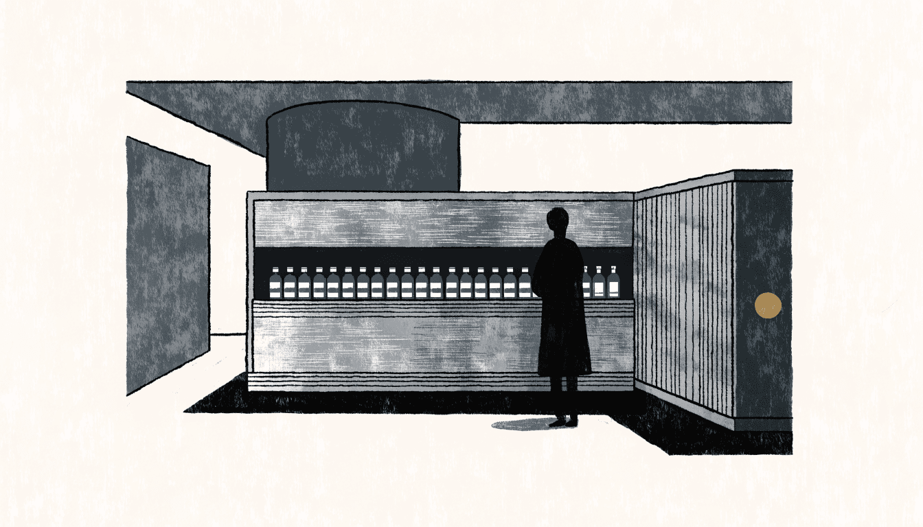 Calm near-monochrome editorial illustration of a department-store beauty shop-in-shop, a display fixture with a brushed-metal texture suggesting reused train panelling, a silhouette figure browsing bottled products along a long counter.