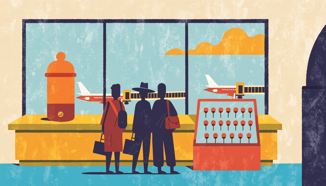 Illustration of an airport departure-lounge café counter with soft serve and a chocolate-dipped treat on display, silhouetted travellers queuing nearby.
